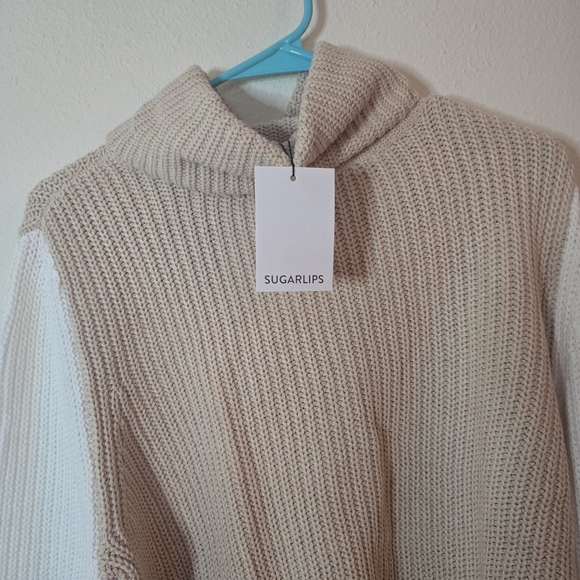 Sugarlips Colorblock Funnel Neck Knit Cozy Fall Sweater Beige Cream  New XS - Picture 2 of 6